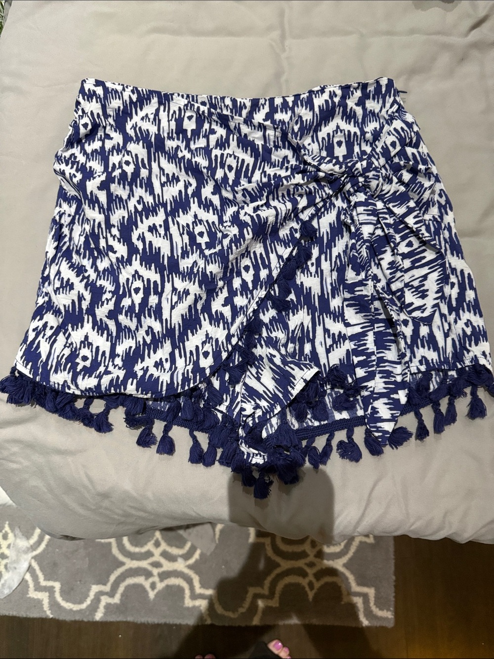 Zara Navy and White Printed Tassel Wrap Skort